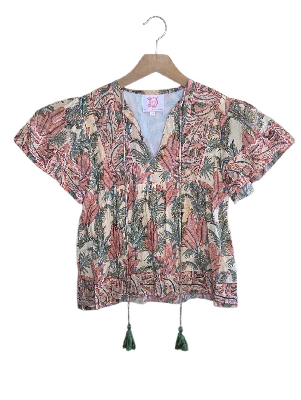 Victoria Dunn Tropical Boho Print Short Sleeve V-neck Cotton Top Size XS Beachy